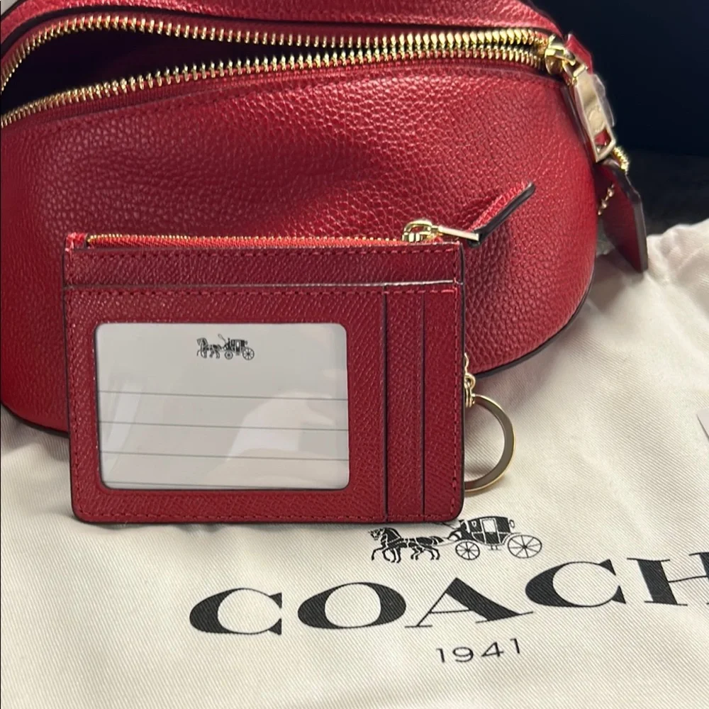 Coach Red Pebbled Leather Crossbody Belt Bag with Matching Card Case